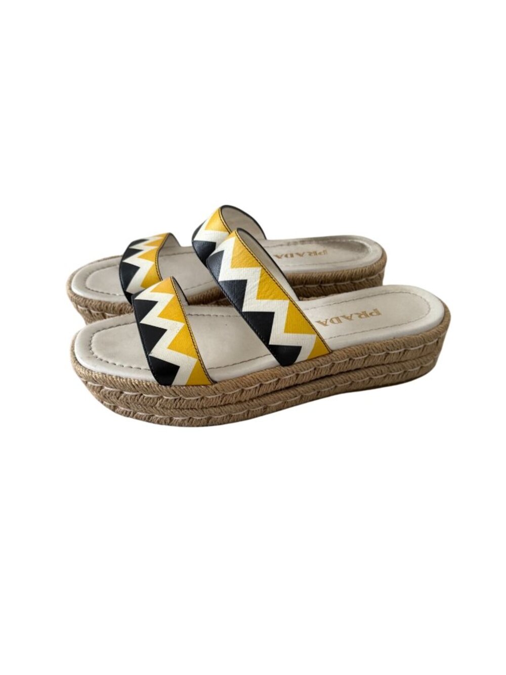 PRADA Zig Zag Beige Yellow Leather Platform Espadrilles Sandals Sz 37.5 / US 7.5 - Picture 6 of 9